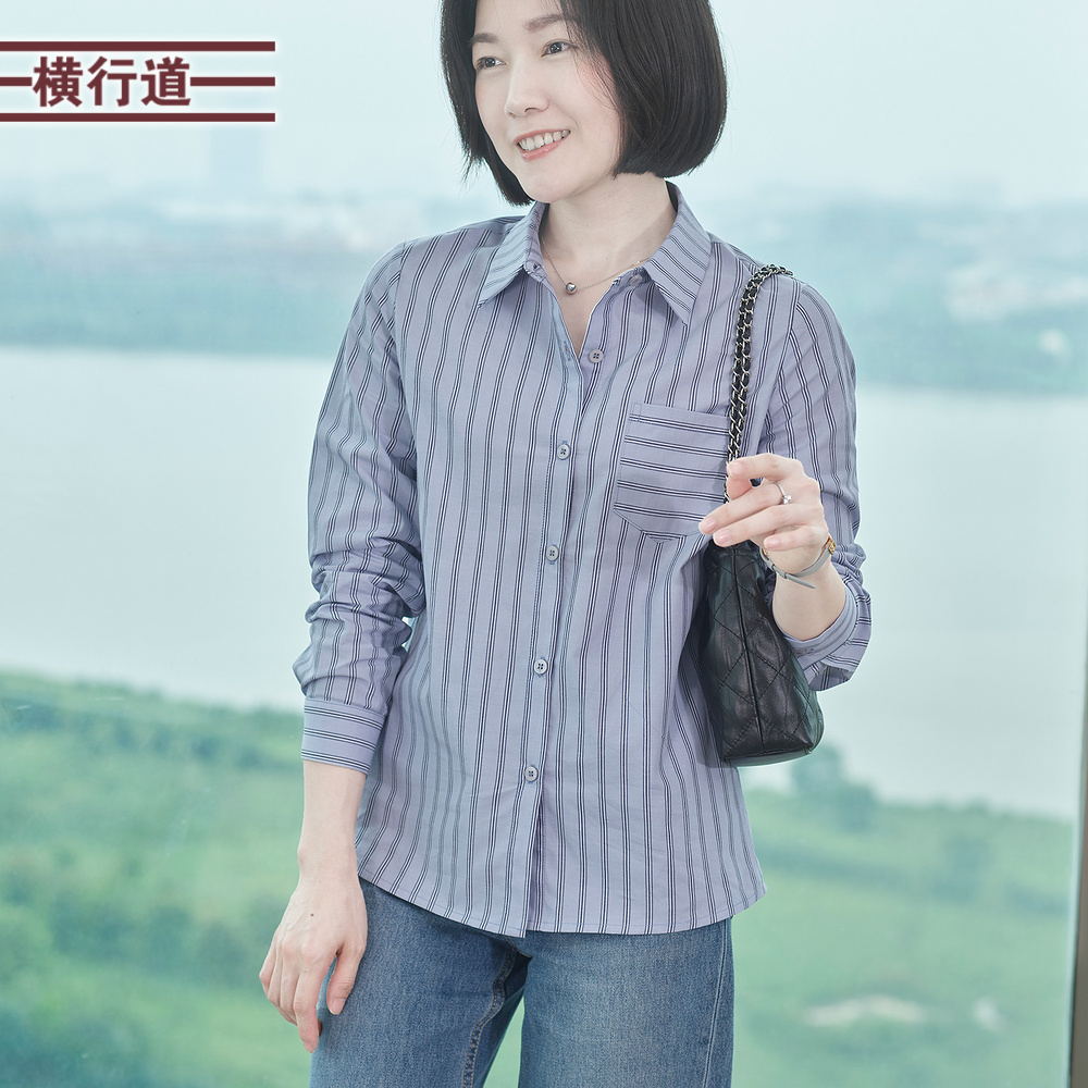 横行道竖条纹长袖衬衫纯棉