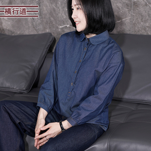 POLO领九分袖 妈妈装 纯棉牛仔衬衫 宽松上衣复古衬衫 衬衣秋季 女装