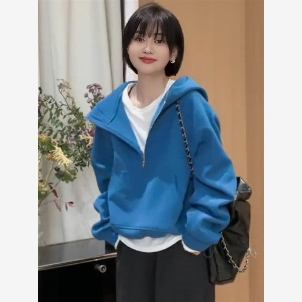 欧货潮流运动休闲半拉链连帽卫衣女2024秋冬宽松显瘦短款外套上衣