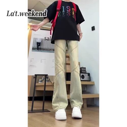 美式复古做旧拼接直筒牛仔裤
