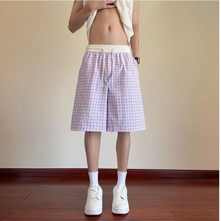美式沙滩裤速干泡泡纱情侣短裤夏季薄款潮流多巴胺五分裤紫色裤子