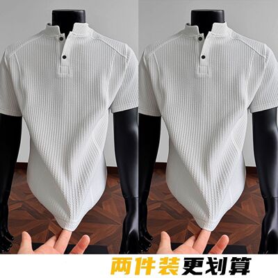 男士美式重磅质感拼接亨利领正肩高级感短袖Polo半袖cleanfit风格