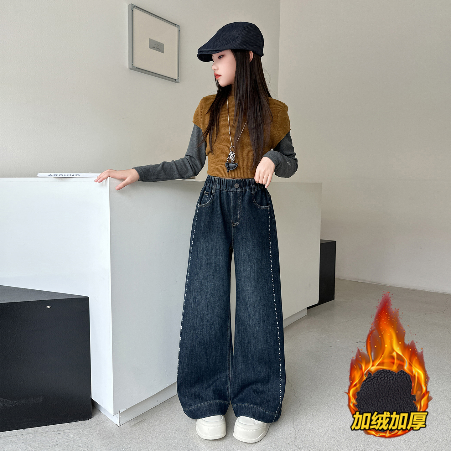 女童加绒加厚阔腿直筒牛仔裤