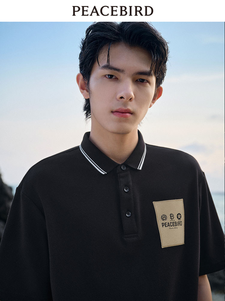 [WAFFLE]PEACEBIRD MENS POLO SHIRT MENS CONTRAST LAPELS SHORT SLEEVE T-SHIRT EMBROIDERED LABEL POLO SHIRT