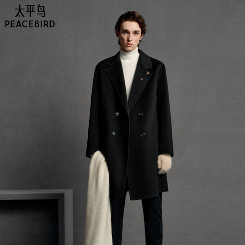 太平鸟男装 西装领双排扣外套黑色休闲羊毛呢中长款大衣男