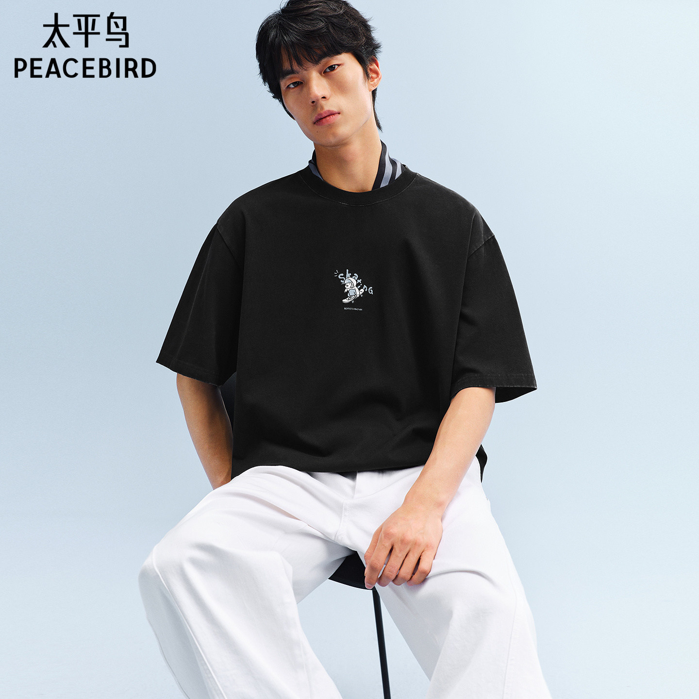 【水洗】太平鸟男装 滑板小狗联名刺绣短袖T恤26夏新款重磅体恤衫