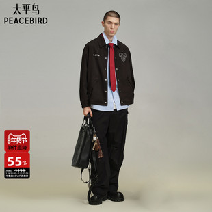 太平鸟男装 黑色教练夹克男秋季撞色刺绣宽松翻领外套男