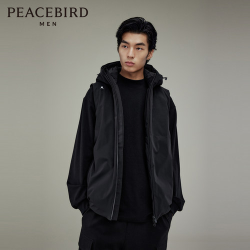 太平鸟男装 棉马甲男秋冬季休闲时尚潮流黑色连帽背心外套男