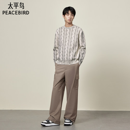 太平鸟男装 休闲裤男秋冬季工装口袋卡其色宽松长裤男潮
