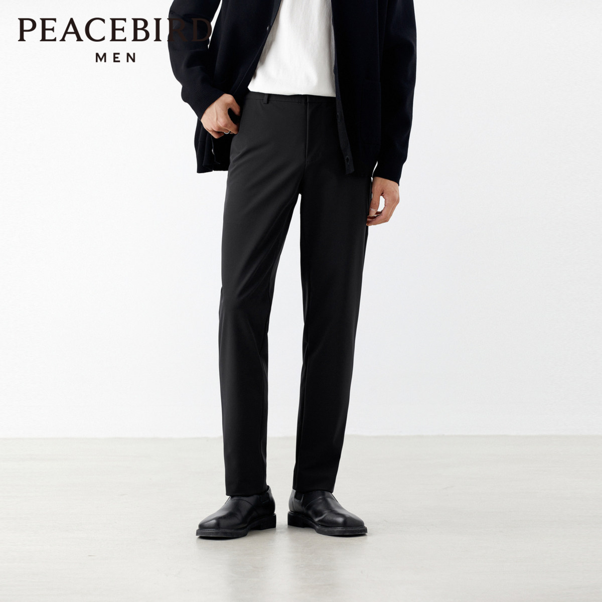 【四面弹】太平鸟男装休闲裤修身春夏直筒商务西裤男黑色抗皱长裤