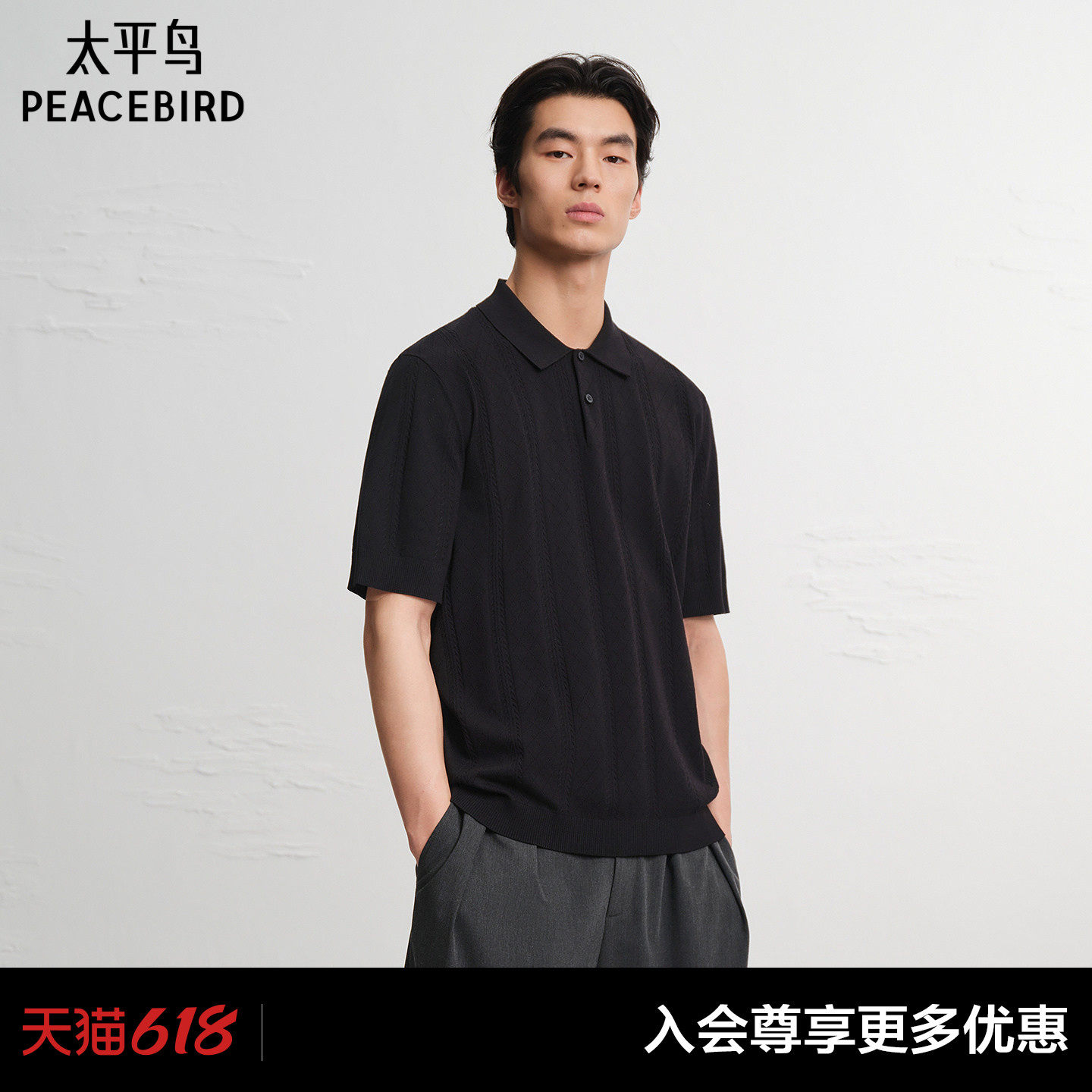 【商场同款】太平鸟男装 老钱风黑色立体绞花翻领Polo衫B1EEG216B
