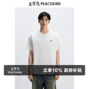 重磅 分割线体恤衫 太平鸟男装 T恤夏季 宽松纯色白T 刺绣短袖