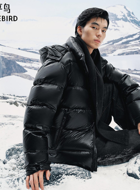 【商场同款】太平鸟男装 鹅绒面包服男黑色连帽羽绒服B1ACF4402