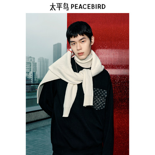 太平鸟男装 胸前口袋印花休闲卫衣抽带潮流潮牌阔版卫衣
