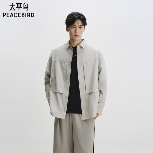 太平鸟男装 休闲衬衫新款工装宽松外套外穿式衬衫男休闲长袖衬衣