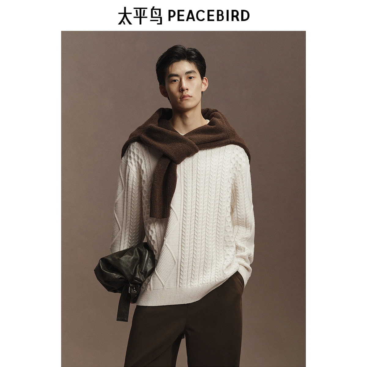 太平鸟男装休闲毛衫24冬新款慵懒亲肤廓形肌理绞花男士圆领毛衣