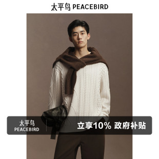 慵懒亲肤廓形肌理绞花男士 24冬新款 圆领毛衣 休闲毛衫 太平鸟男装