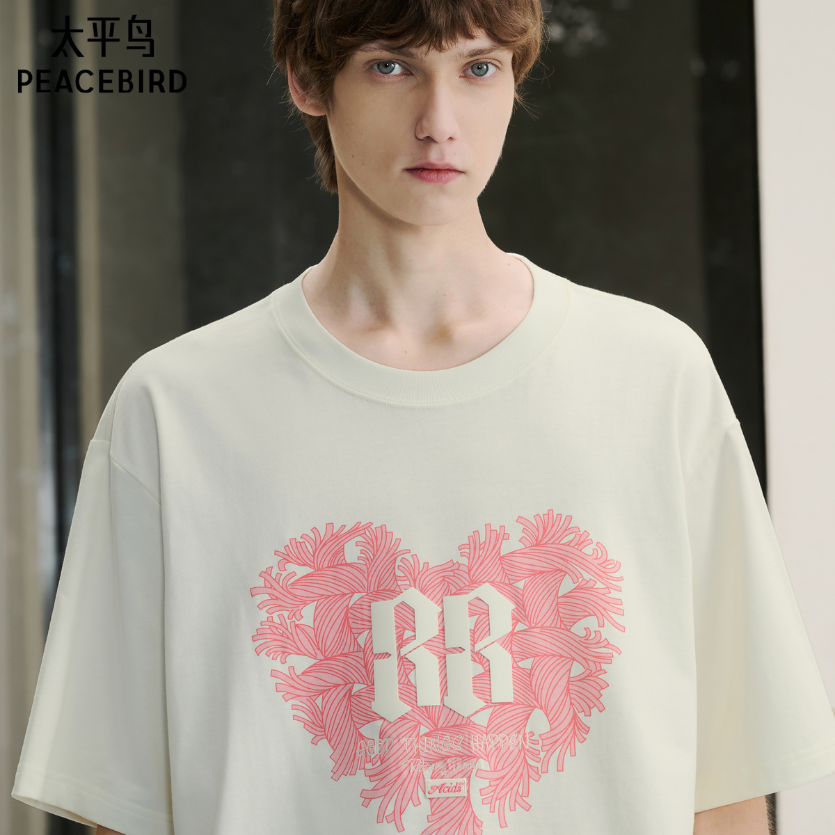 太平鸟男装美式复古印花短袖T恤青年圆领重磅宽松体恤衫