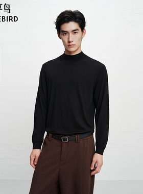 【商场同款】太平鸟男装 100%羊毛半高领黑色打底针织衫B1EBF4B22