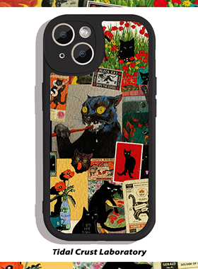 黑色小羊皮复古黑猫欧美油画全包手机壳适用苹果17nova14华为p70/mate70小米15reno14vivo30荣耀300iPhone15