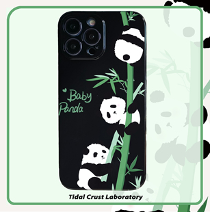 黑色亮面卡通熊猫花花吃竹子全包手机壳适用苹果15nova10华为p50E/mate40小米13opporeno9vivo荣耀80iPhone14