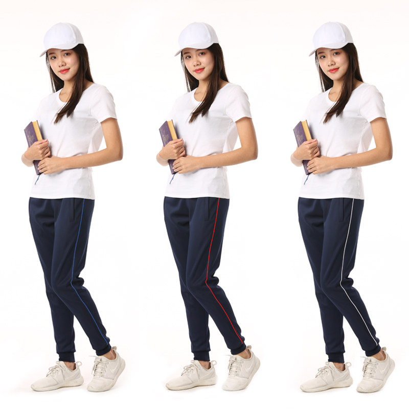 秋学生直筒运动裤束脚校裤女初中藏青色白条高中男运动修身校服裤