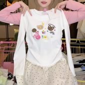 木耳边正肩上衣潮 设计感褶皱修身 白色趣味卡通刺绣长袖 T恤女秋季