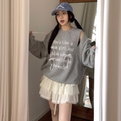 好慵懒休闲又少女 宽松字母印花灰色卫衣立体蝴蝶结镂空长袖 上衣