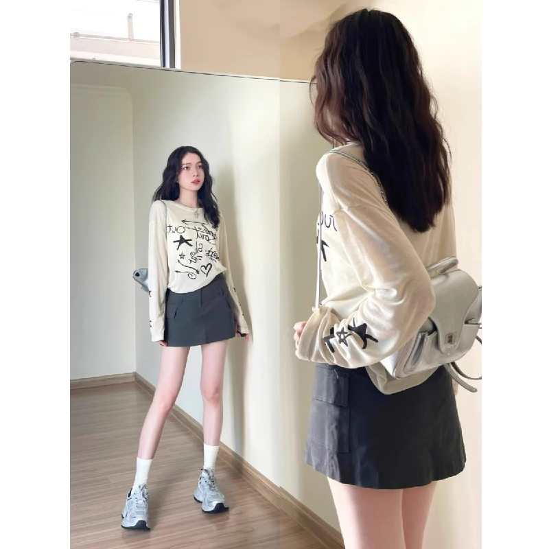 小众涂鸦印花长袖t恤女薄款防晒上衣夏季时髦慵懒宽松设计感罩衫