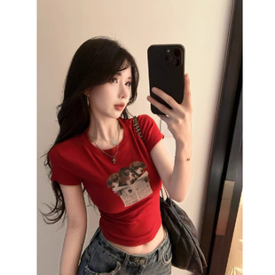 显瘦短款 美式 小个子修身 正肩腊肠狗印花短袖 纯棉上衣潮 T恤女夏季