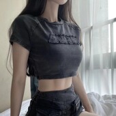 t恤女夏季 美式 甜辣风修身 纯棉复古水洗做旧短袖 正肩短款 露脐上衣