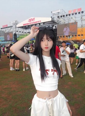 短袖T恤上衣女纯棉正肩短款露脐