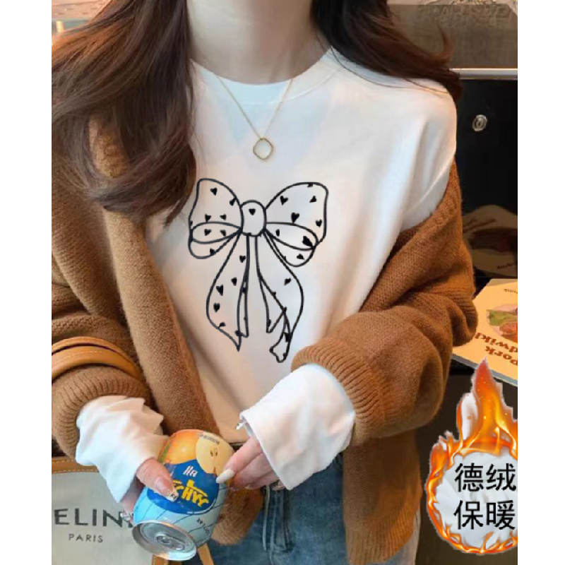 白色蝴蝶结印花长袖T恤女打底衫