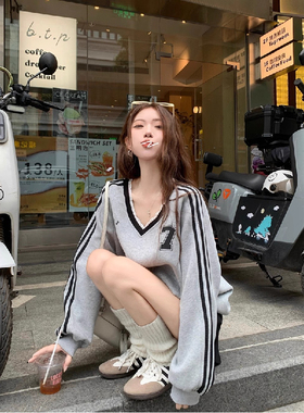 长袖卫衣上衣潮休闲蕾丝灰色V领