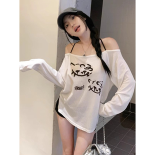 一字肩印花长袖T恤女秋季宽松防晒罩衫休闲辣妹挂脖吊带露肩上衣