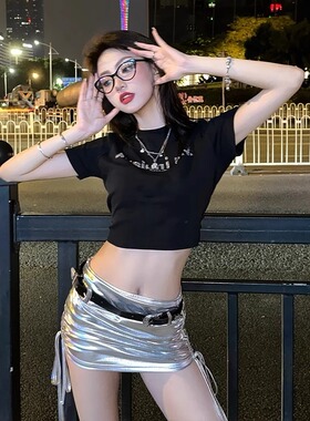 重工字母烫钻短袖T恤女夏季美式正肩纯棉修身辣妹短款露脐上衣潮