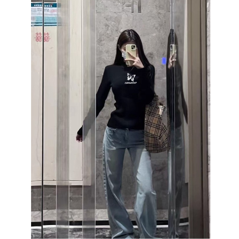 美式复古蝴蝶印花正肩长袖T恤女