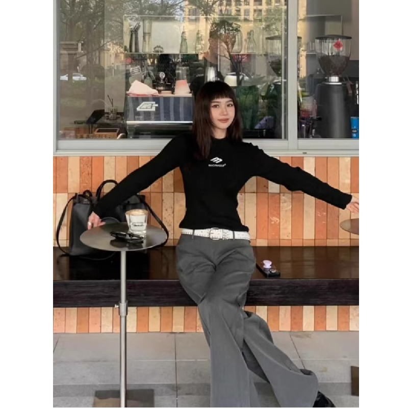 美式潮牌修身正肩长袖T恤女上衣