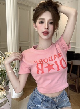 短袖T恤上衣潮粉色印花短款露脐