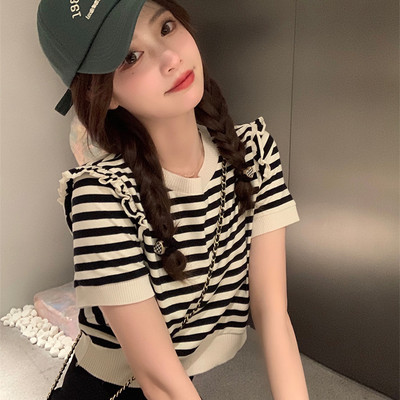 圆领条纹针织衫短袖T恤女设计感小众夏季木耳边显瘦短款上衣ins潮