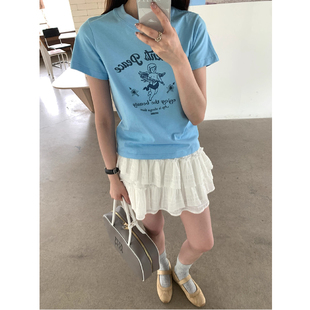 上衣 韩系蓝色纯棉短袖 正肩t恤女夏季 穿搭绝美设计感修身 显瘦短款