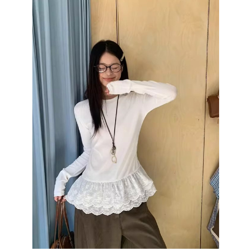 韩系蕾丝花边拼接长袖T恤女上衣