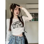 小上衣潮 美式 T恤女秋季 复古辣妹露脐短款 设计感英文蝴蝶印花长袖