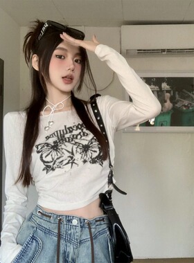 长袖T恤上衣设计感短款露脐印花