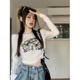 小上衣潮 美式 T恤女秋季 复古辣妹露脐短款 设计感英文蝴蝶印花长袖