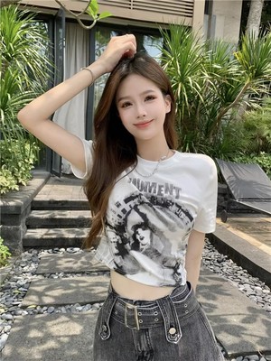 美式复古纯棉正肩短袖T恤女短款