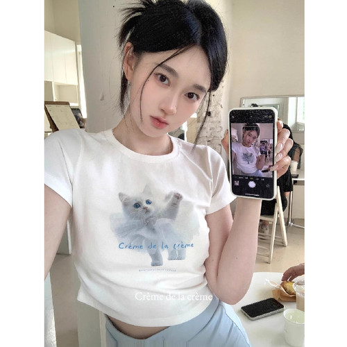 小猫咪印花正肩短袖T恤女夏短款