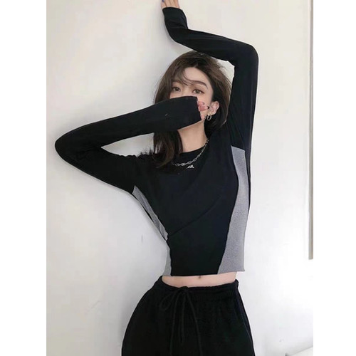 美式撞色正肩长袖T恤女短款上衣