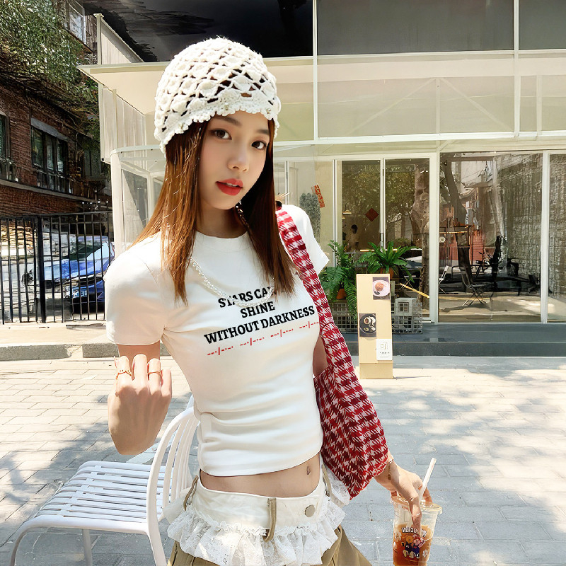 美式白色短袖露脐修身辣妹T恤女图片