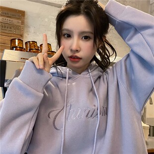 卫衣女加绒加厚冬季宽松慵懒风ins连帽学生美式甜酷chic港风上衣